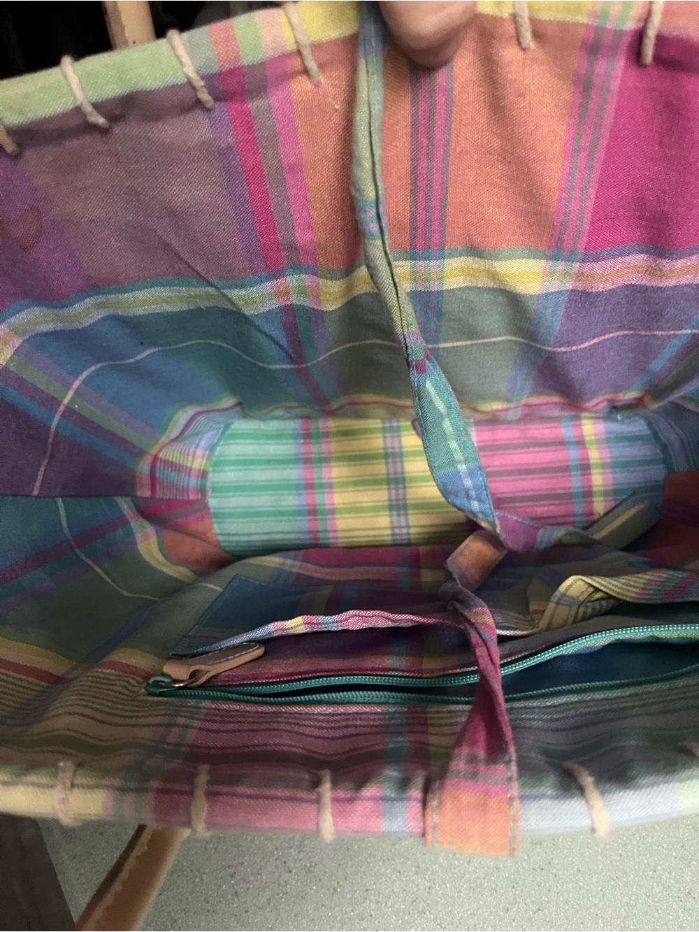 Ralph Lauren Multicolor Pastel Plaid Straw Tote with Cream Leather Handles large - Picture 6 of 7
